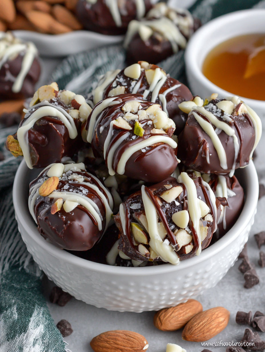 A bowl of chocolate covered dates with almonds.