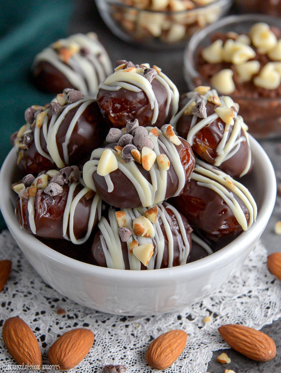 A bowl of chocolate covered dates with almonds.