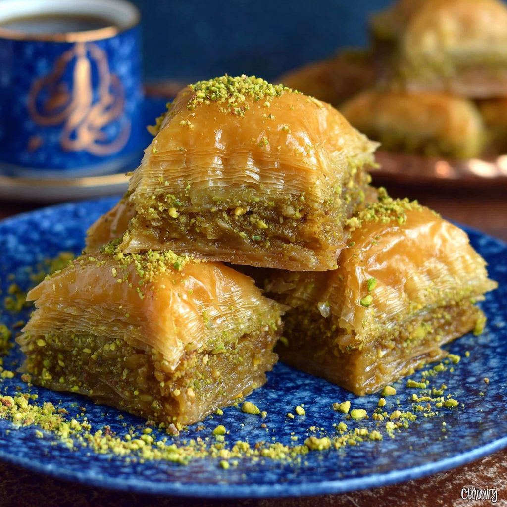 A plate of Baklava with Pistachios.