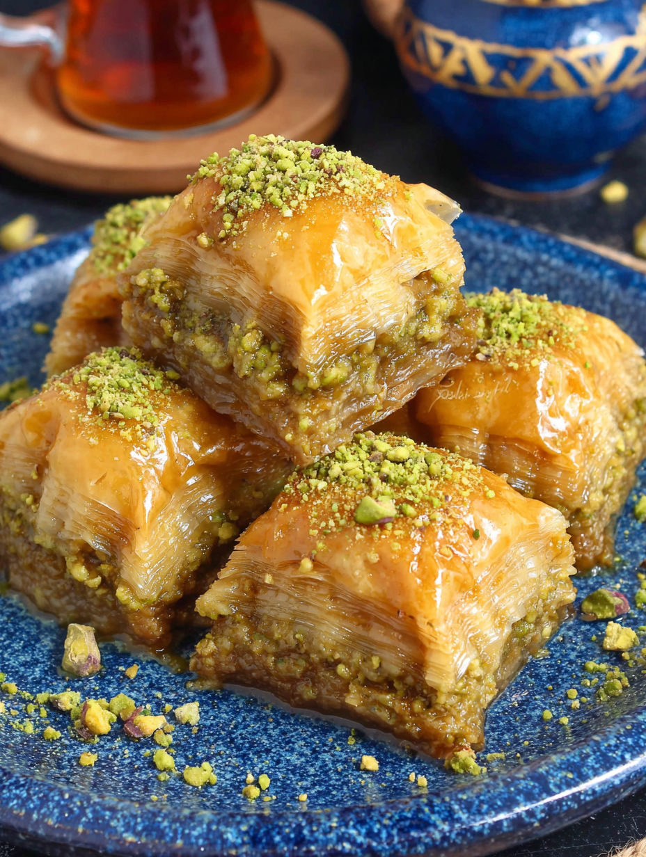 A plate of baklava with pistachios on top.