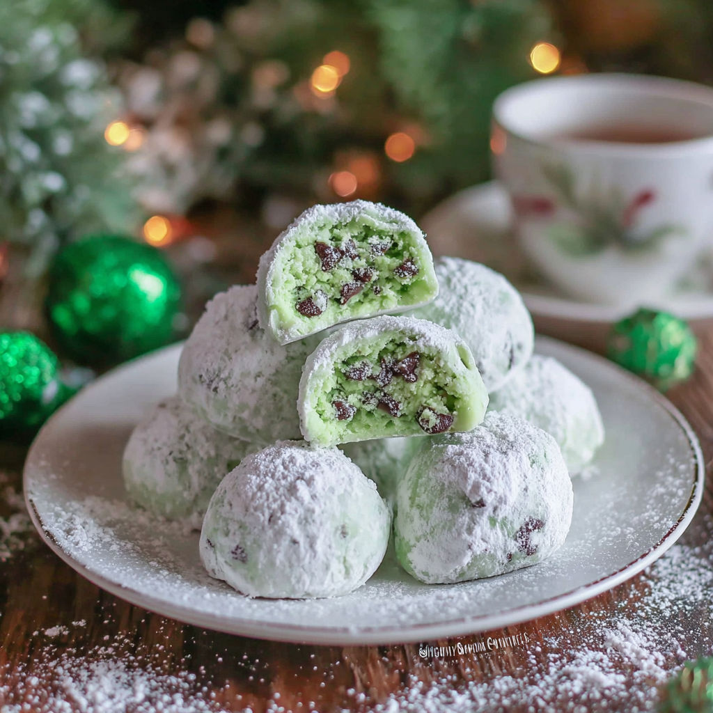 A plate of mint chocolate chip snowball cookies.