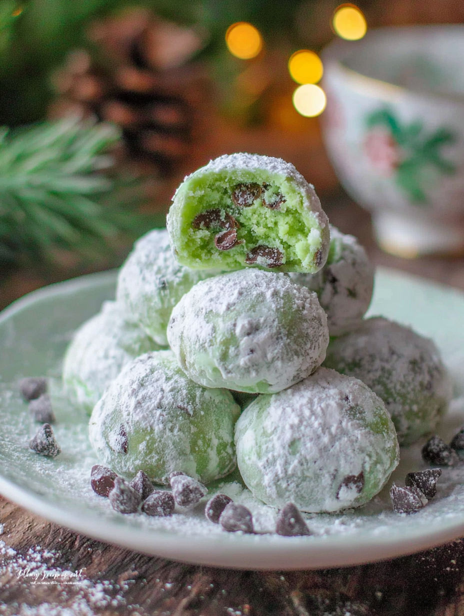 A plate of mint chocolate chip snowball cookies.