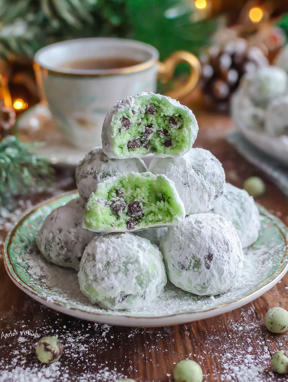 A stack of mint chocolate chip snowball cookies.