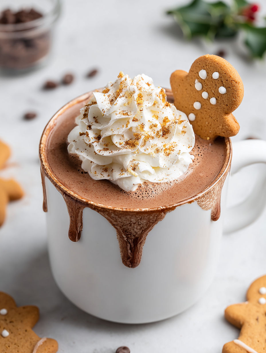 A cup of hot chocolate with a gingerbread cookie on top.