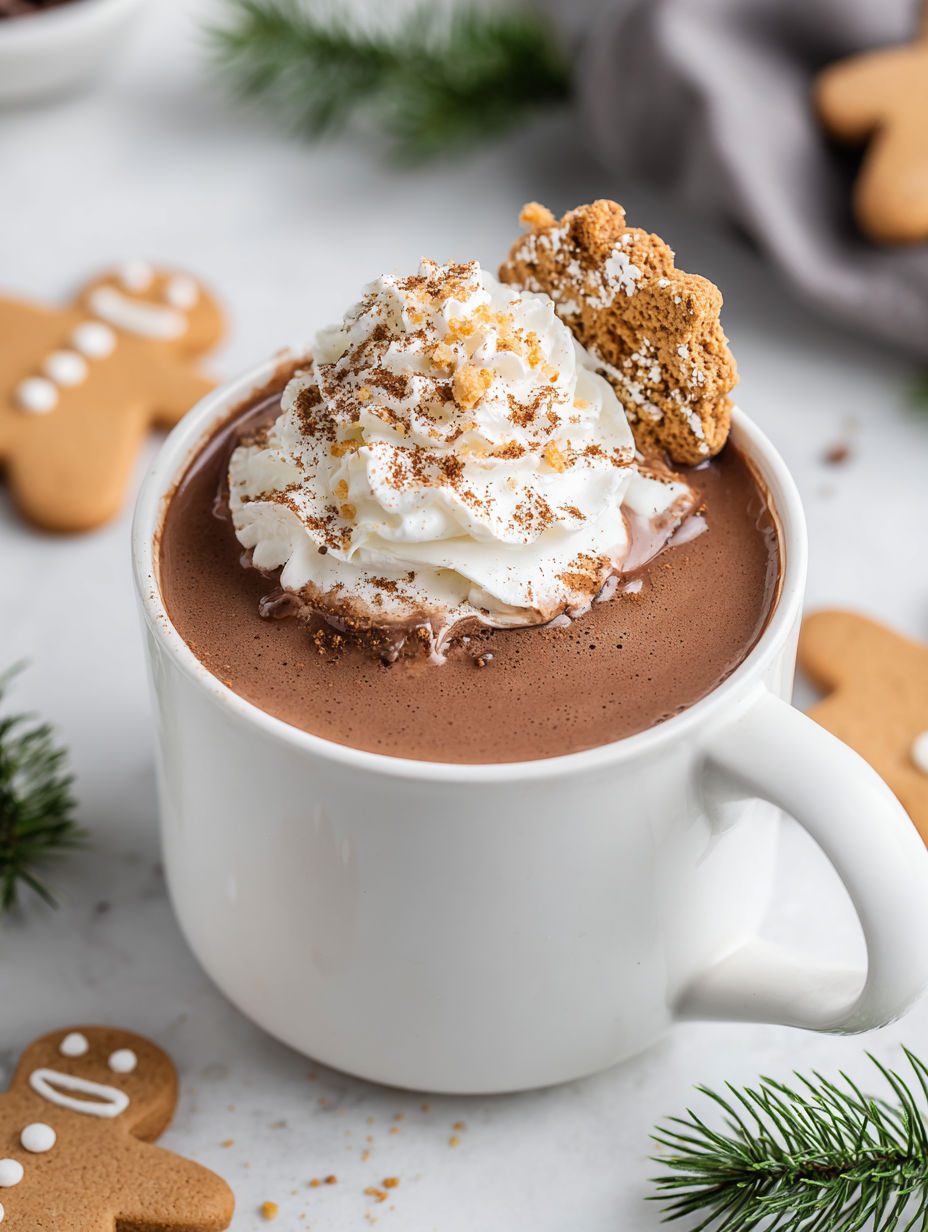 A cup of hot chocolate with whipped cream and a cookie on top.
