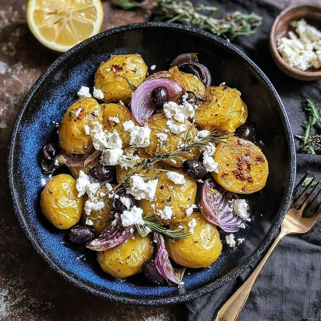 A bowl of smashed potatoes with feta cheese.