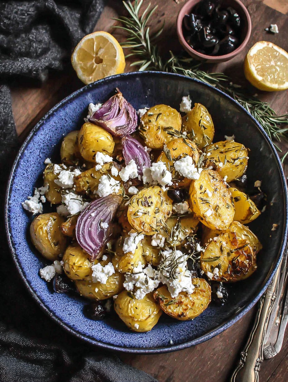 A bowl of smashed potatoes with feta cheese.