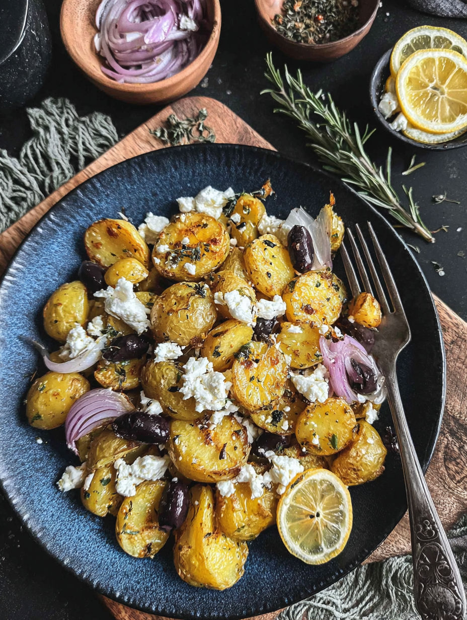 A plate of smashed potatoes with feta cheese.