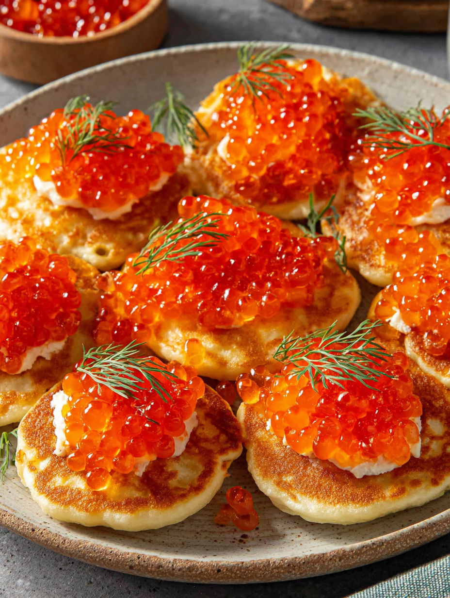 Blinis with fish eggs and tarama.