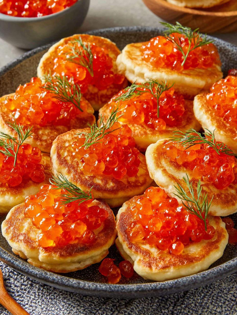 Blinis with fish eggs and tarama.