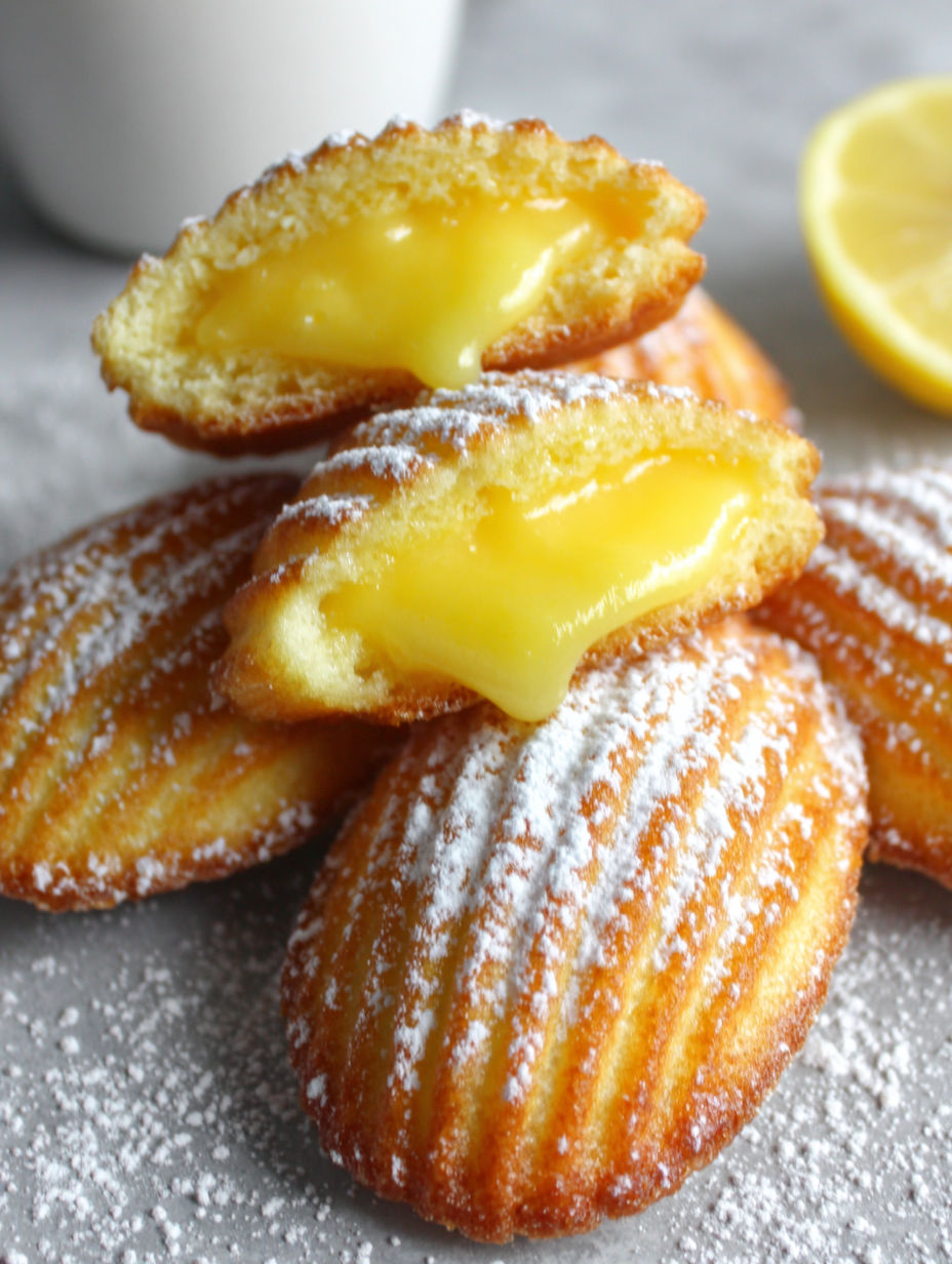 Lemon curd stuffed madeleines on a table.