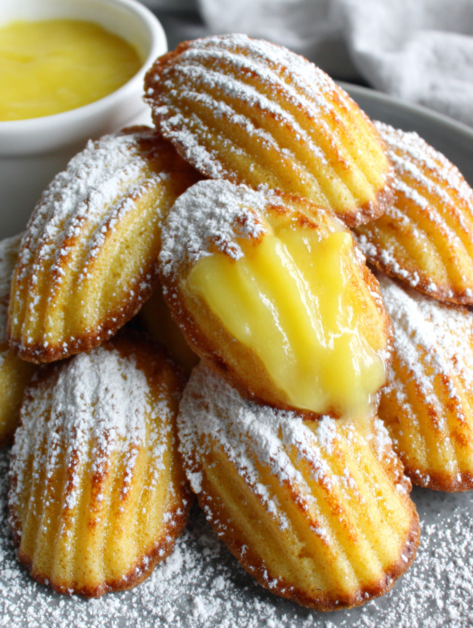 A stack of lemon curd stuffed madeleines.