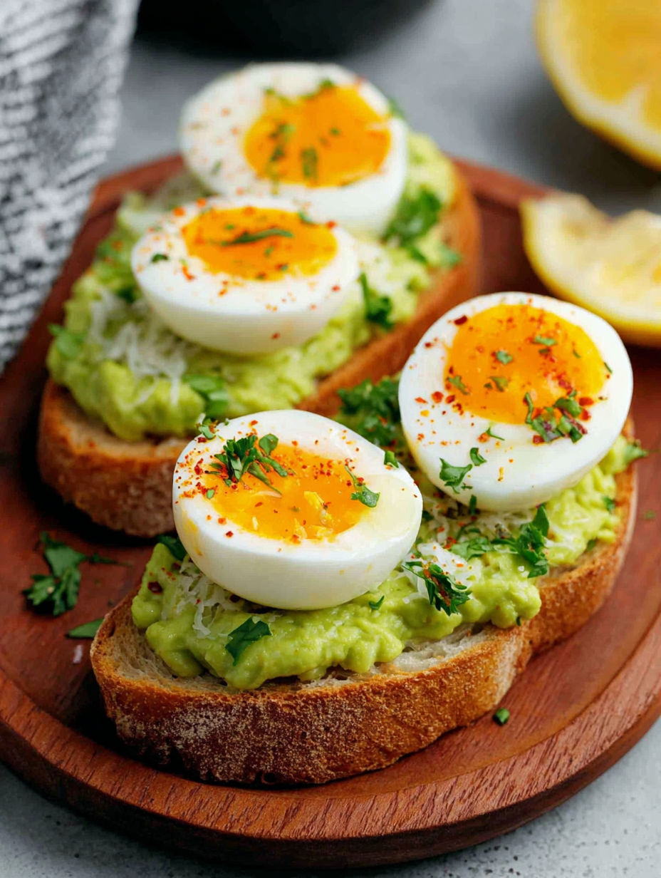 Two slices of bread with eggs and avocado on top.