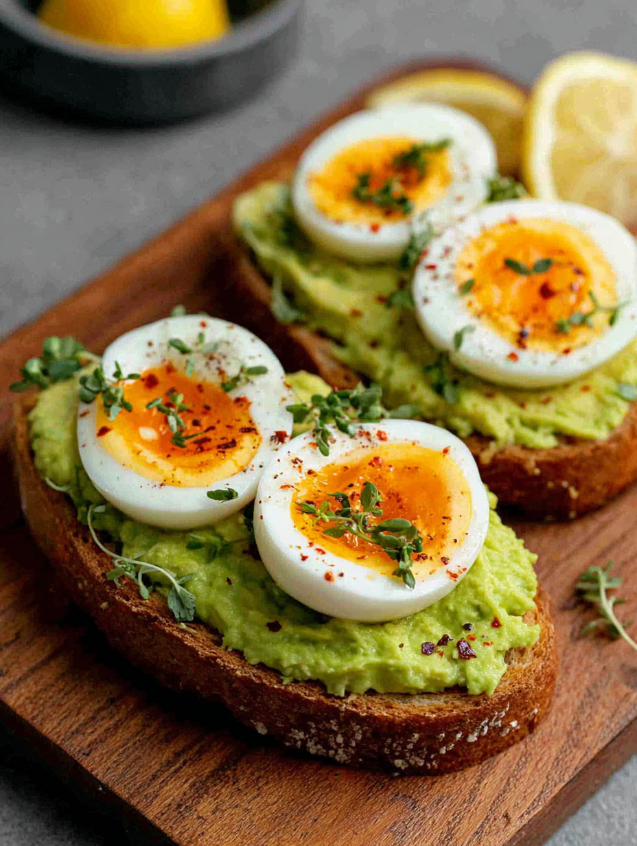 Two pieces of toast with eggs and avocado on top.