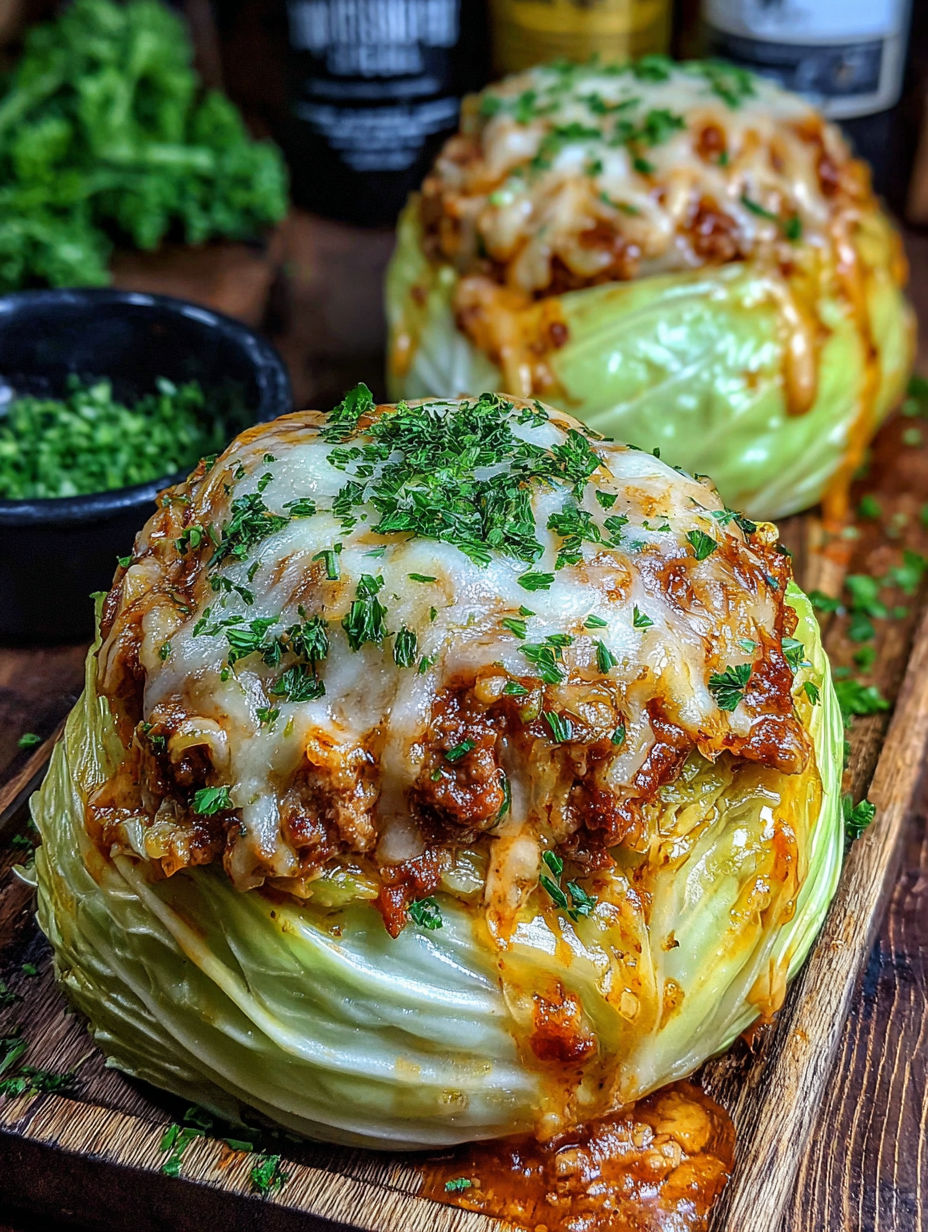 Two oven baked cabbage burgers with cheese and sauce.