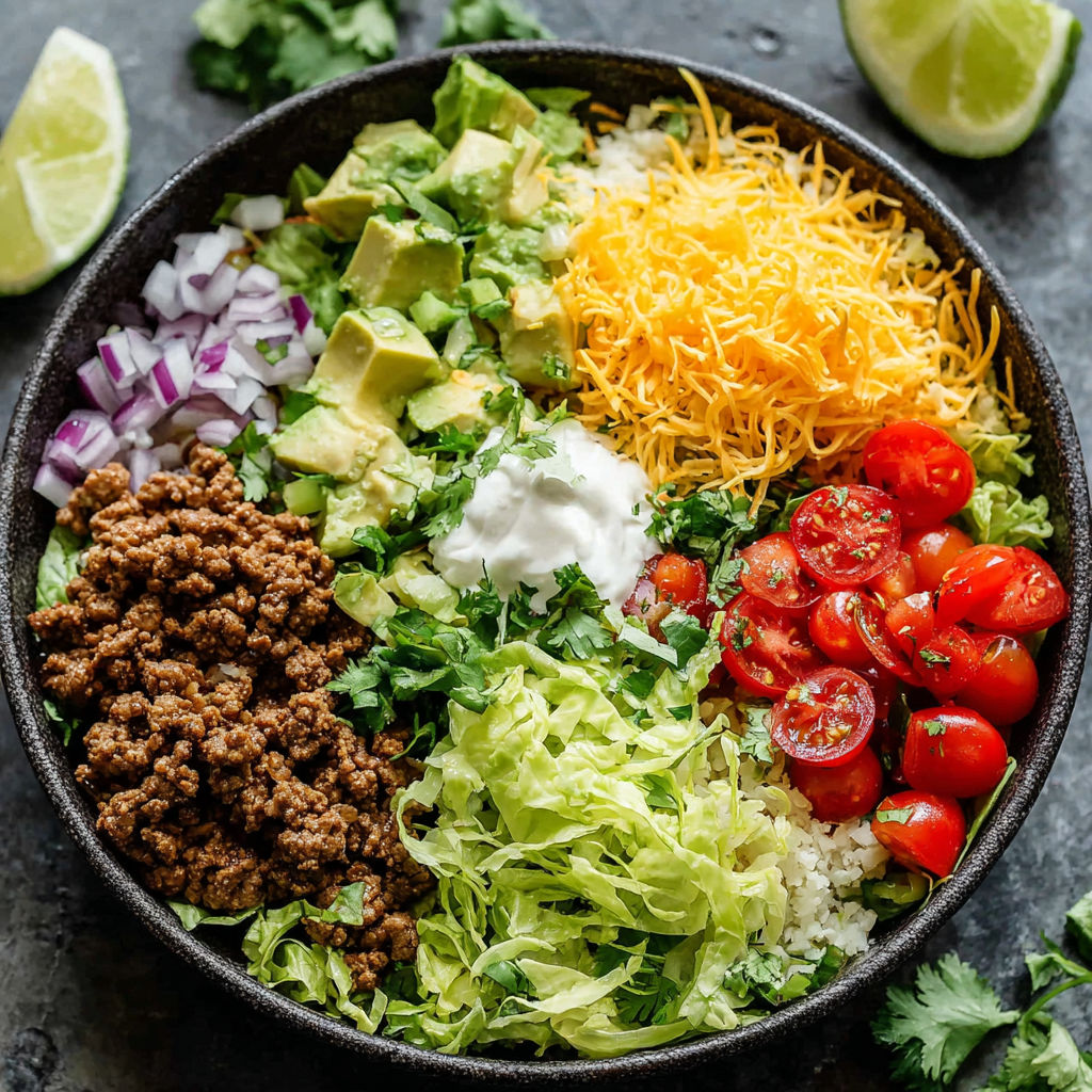 A bowl of food with tomatoes, lettuce, cheese, and meat.