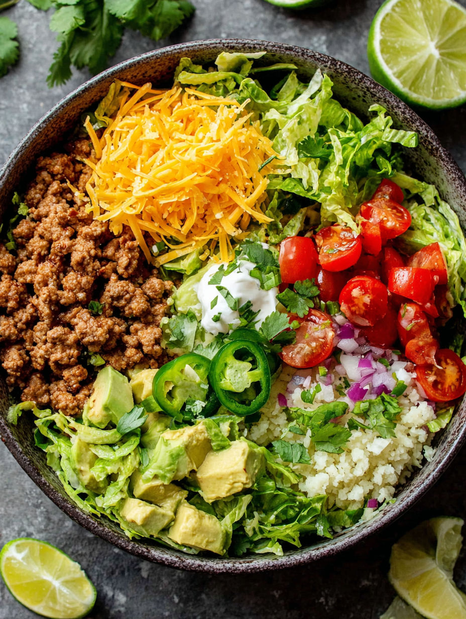 A bowl of food with lettuce, tomatoes, and cheese.