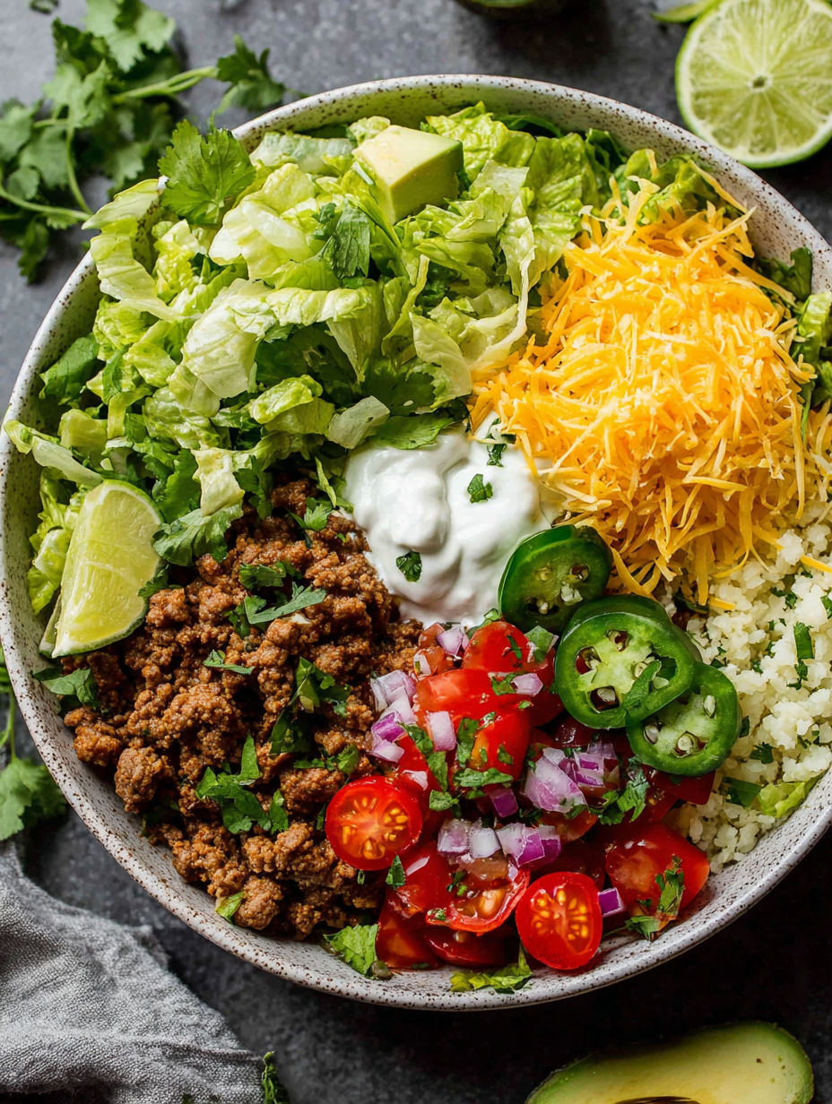 A bowl of food with lettuce, tomatoes, onions, and cheese.