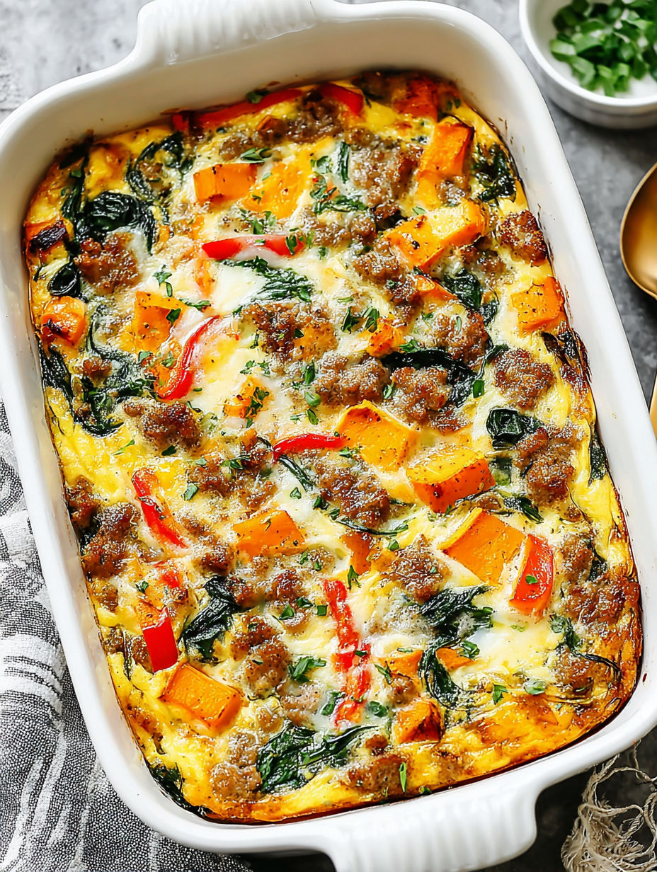 A dish of Sweet Potato Breakfast Casserole.