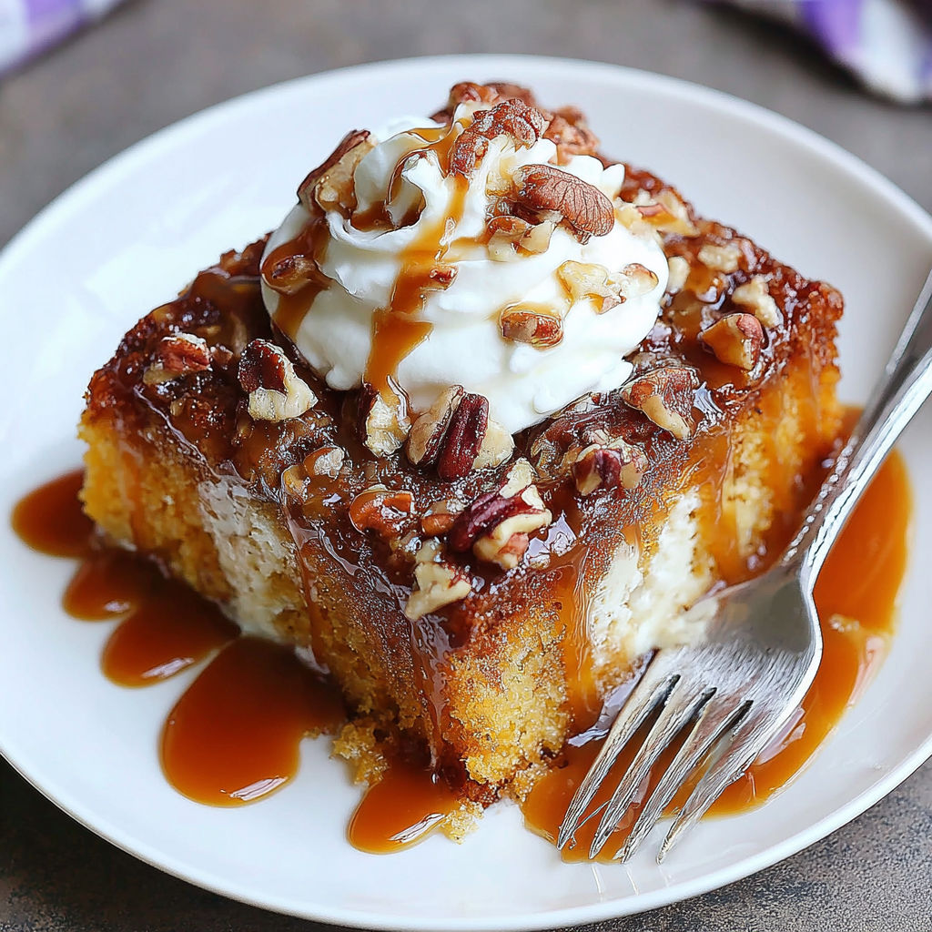 A slice of pumpkin poke cake with caramel and bourbon drizzled on top.