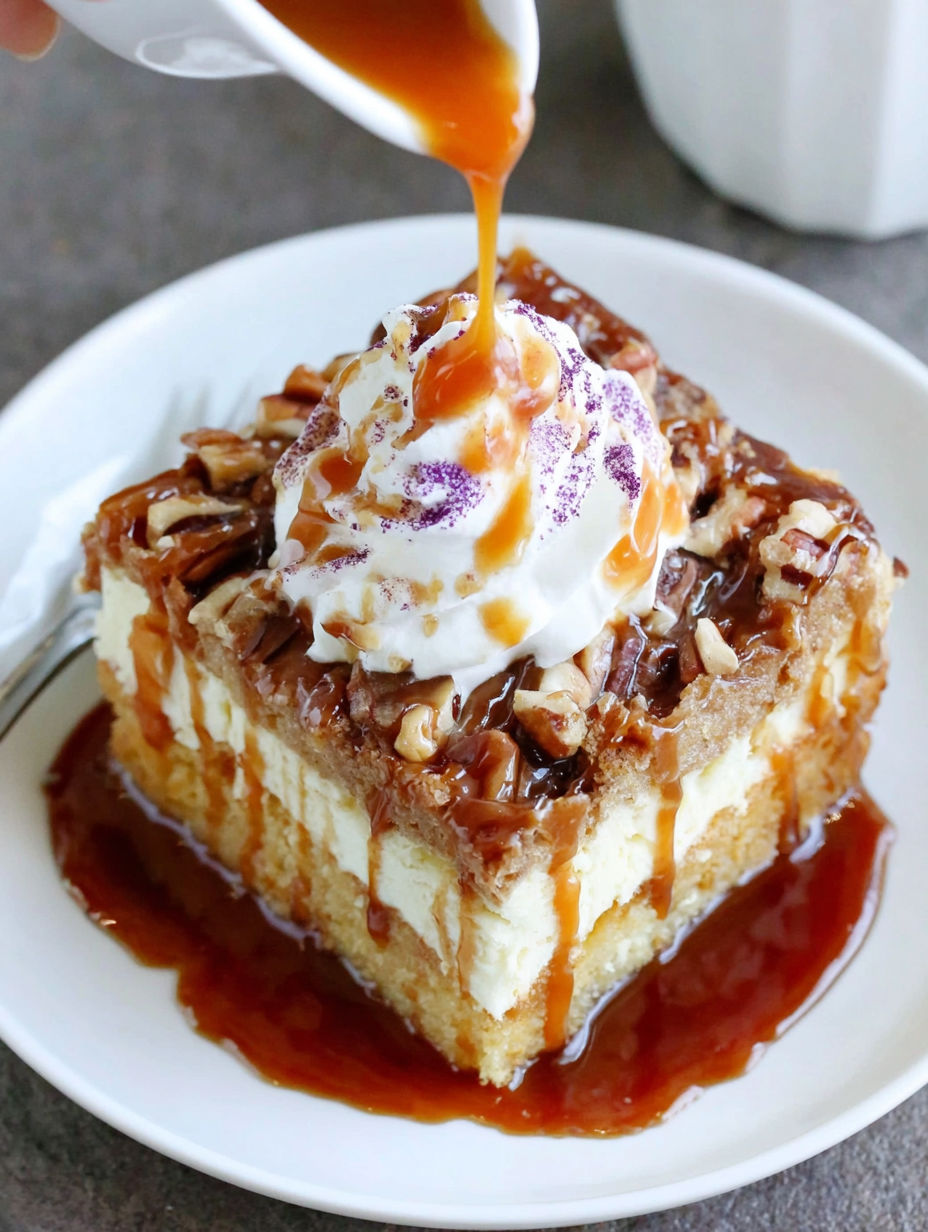 A slice of pumpkin poke cake with caramel and bourbon drizzled on top.