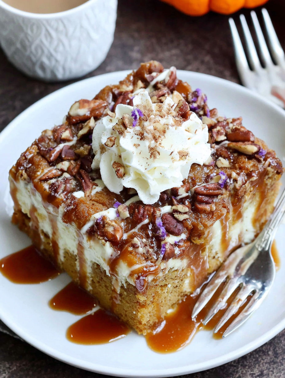 A slice of pumpkin poke cake with caramel and bourbon.