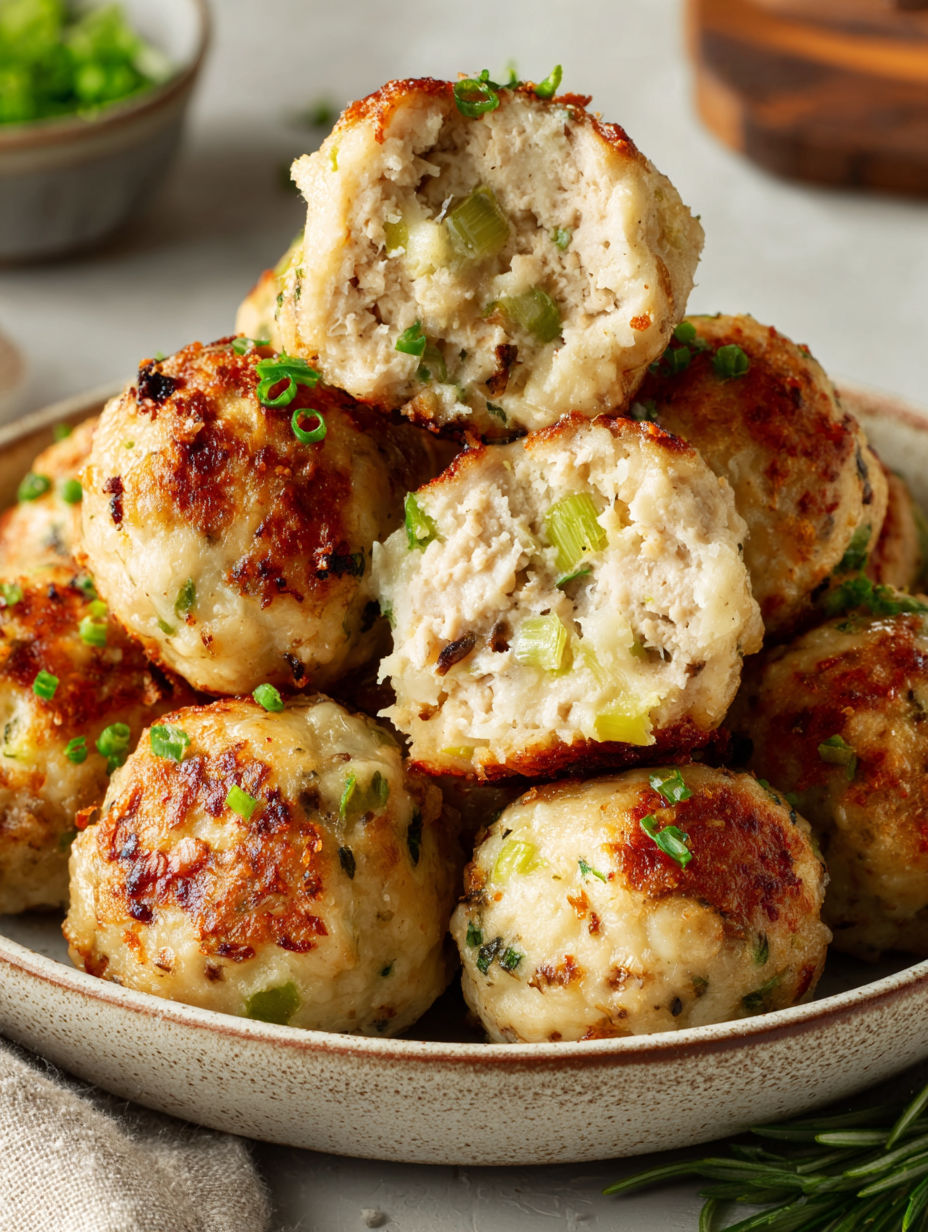 A plate of meatballs with green toppings.