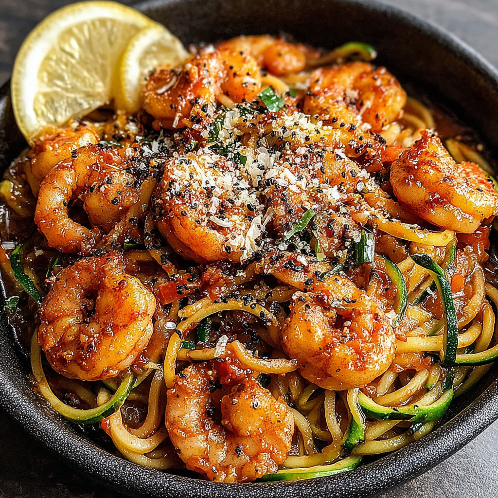 A bowl of shrimp scampi with zucchini noodles.