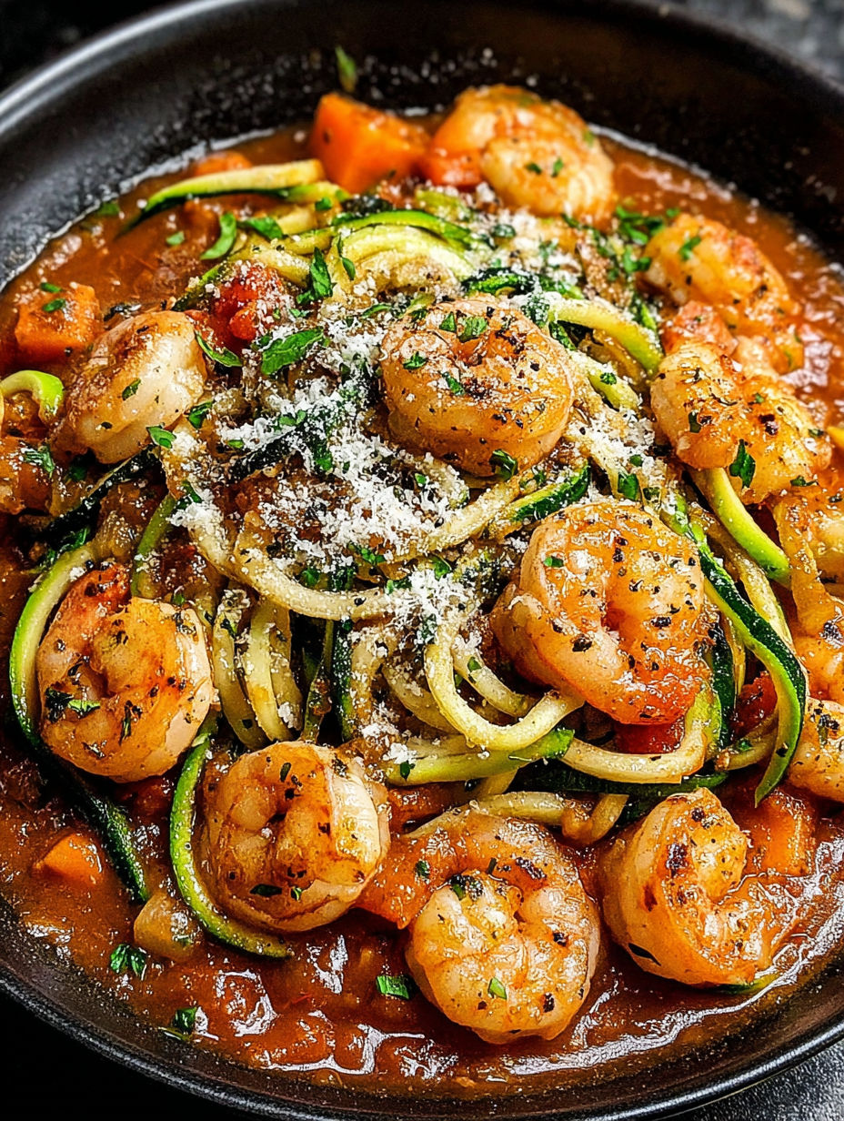 A bowl of shrimp and zucchini.