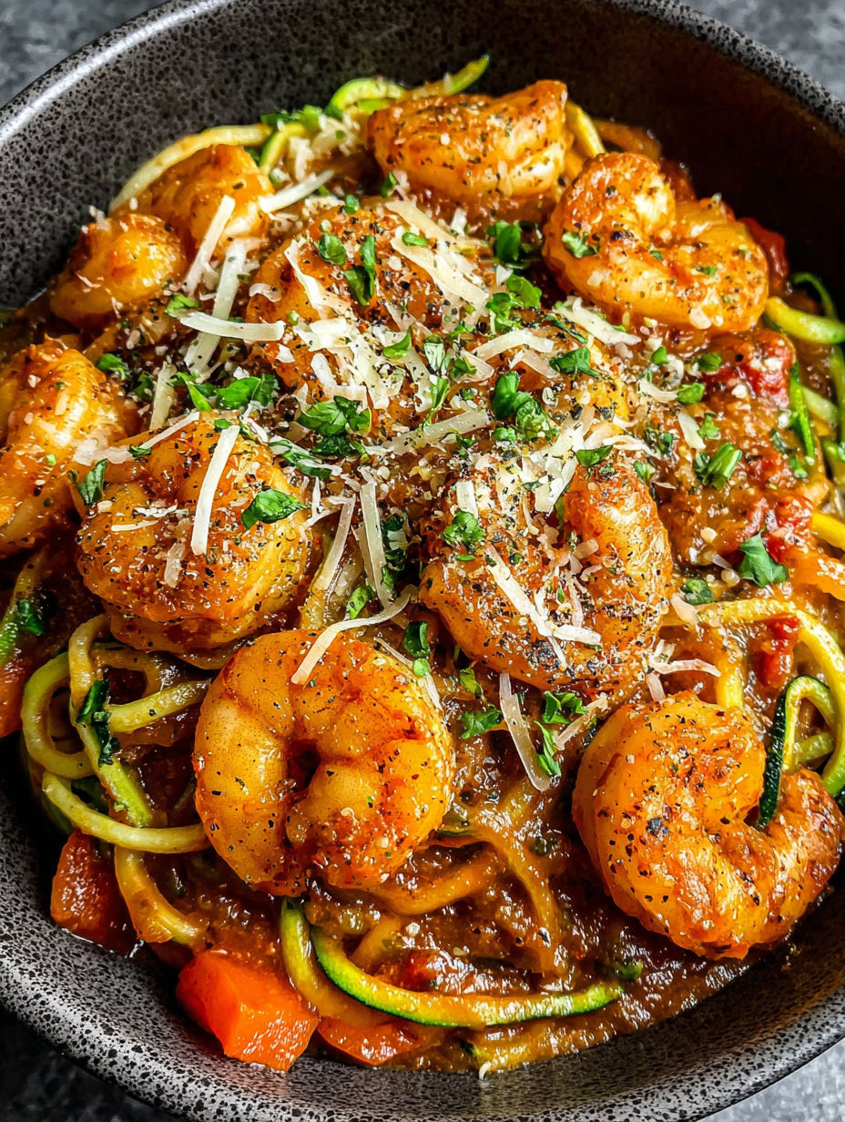 A bowl of shrimp and pasta.