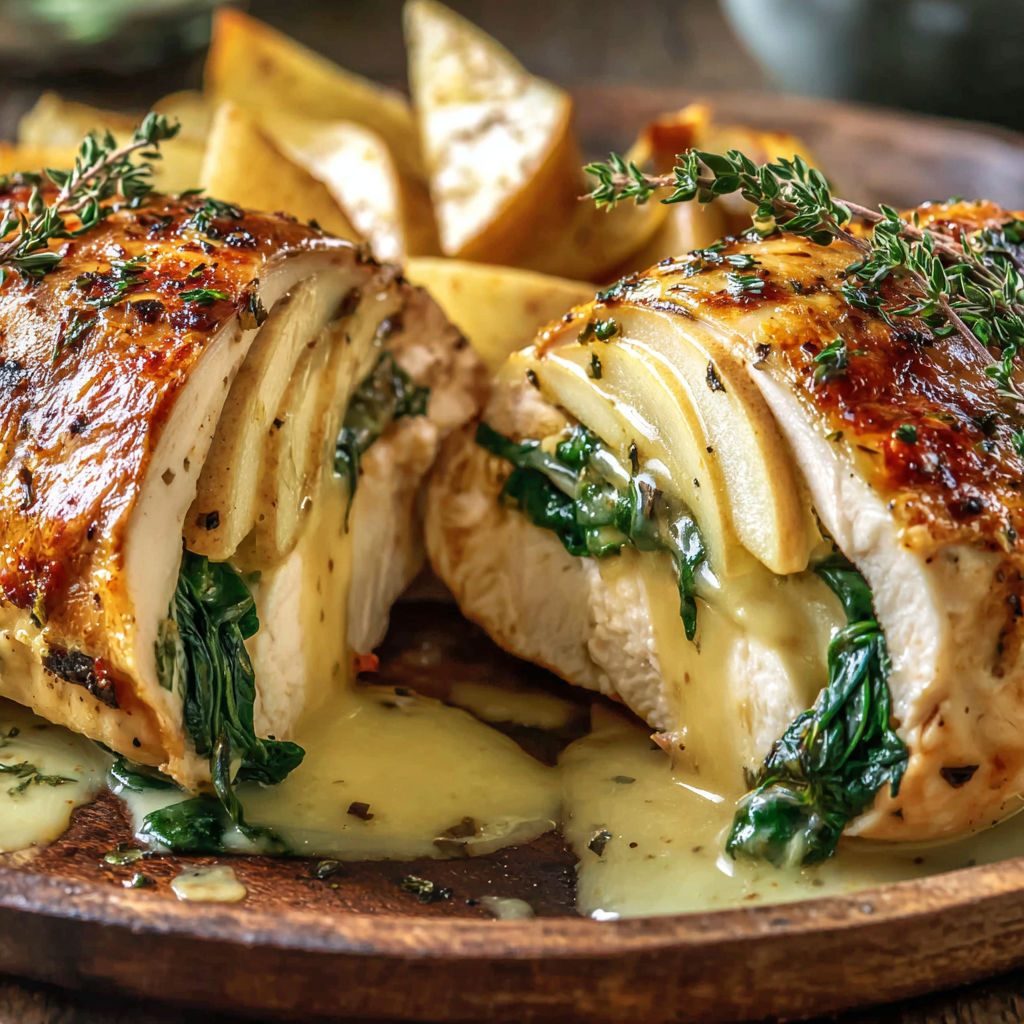 A stuffed chicken with apple and brie.