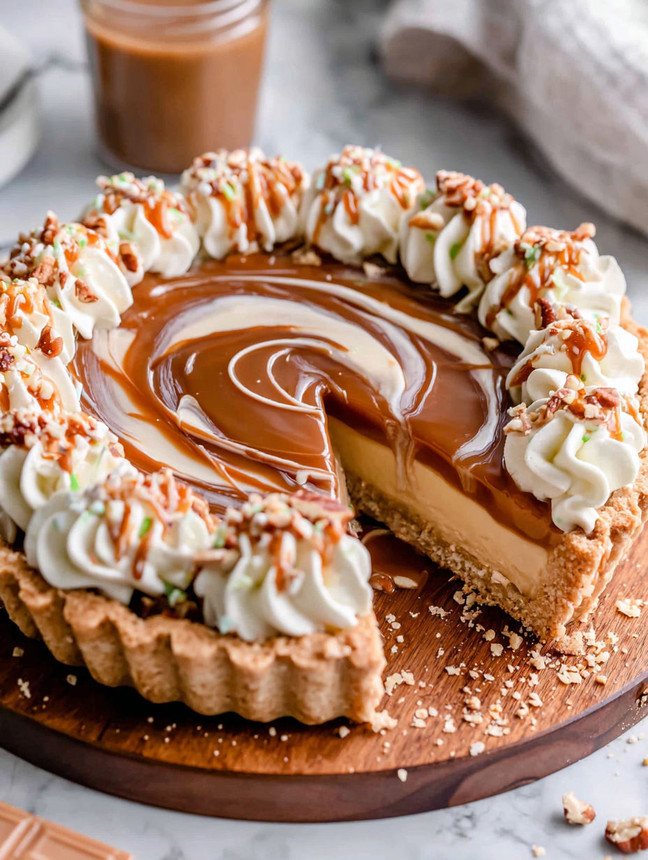 A slice of a pie with caramel sauce.