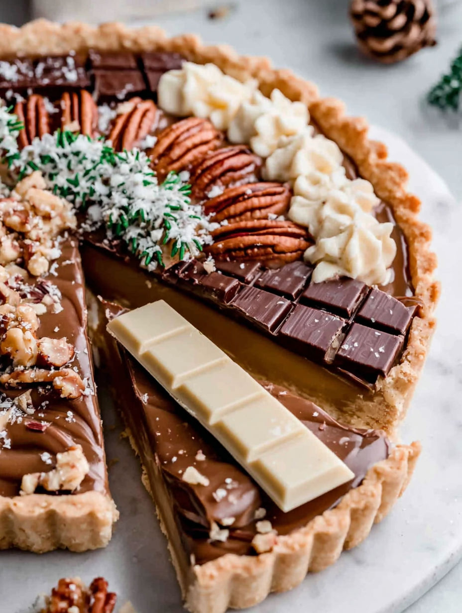 A slice of a chocolate tart with a chocolate shavings on top.