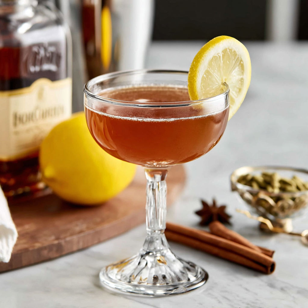 A glass of a spiced sidecar drink.