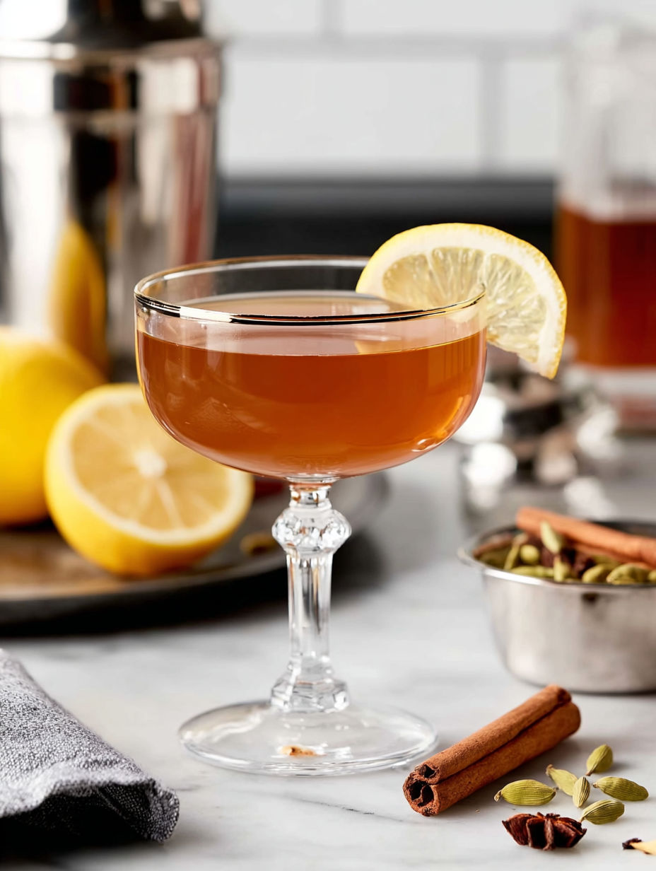 A glass of a spiced sidecar drink.