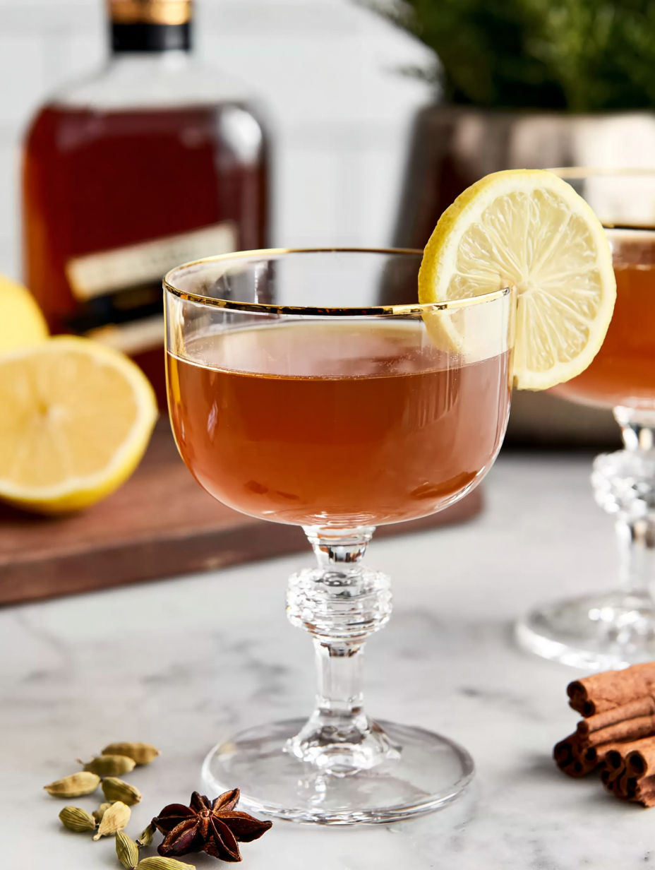 A glass of a spiced sidecar drink.