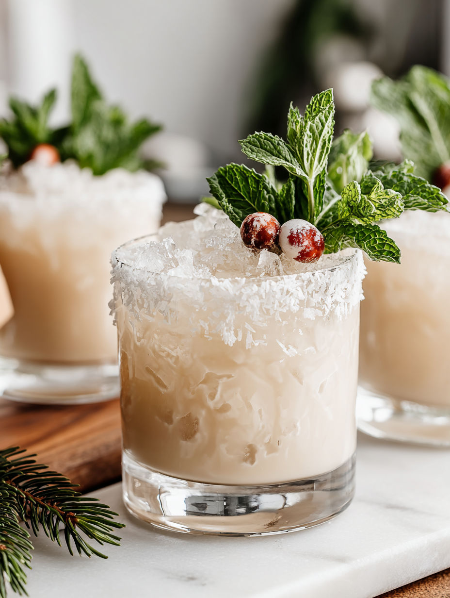 A glass of white Christmas mojito with mint leaves.