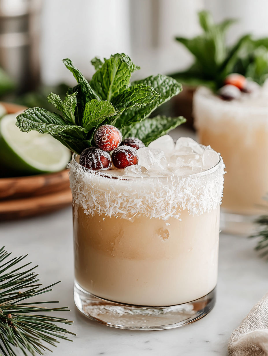 A glass of white Christmas mojito with mint and berries.