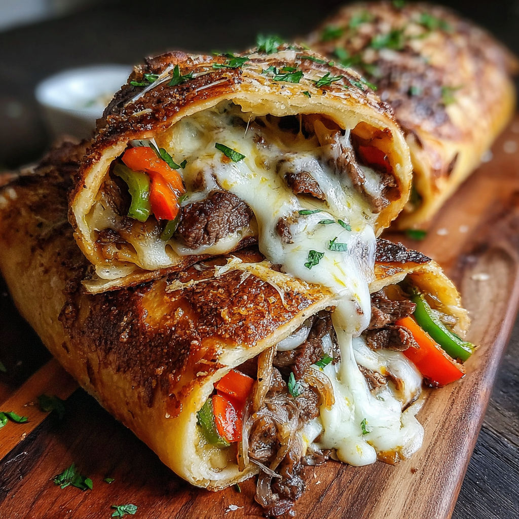 A cheesesteak stromboli on a wooden board.