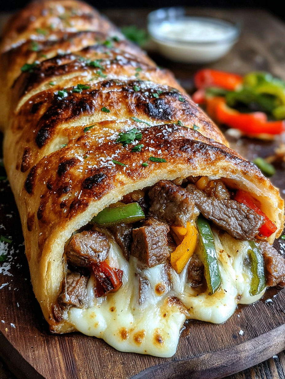 A close up of a cheesesteak stromboli.