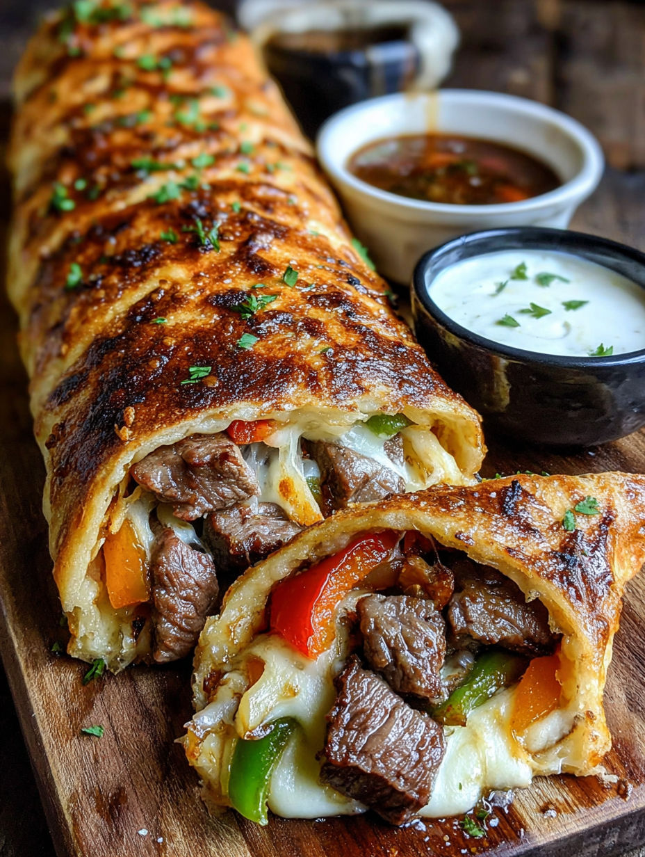 A mozzarella cheesesteak stromboli with a side of dipping sauce.