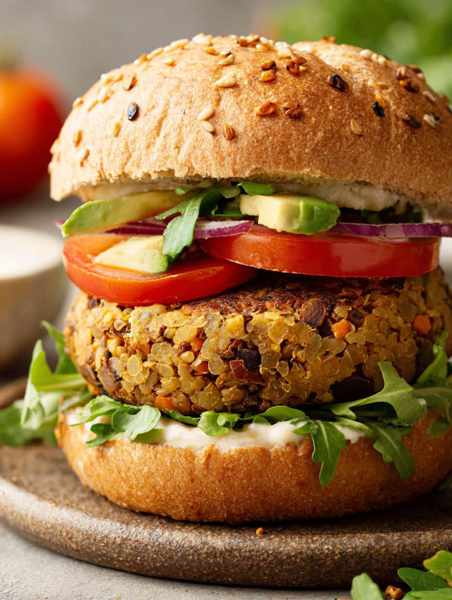A vegan burger with tomatoes, lettuce, and avocado.