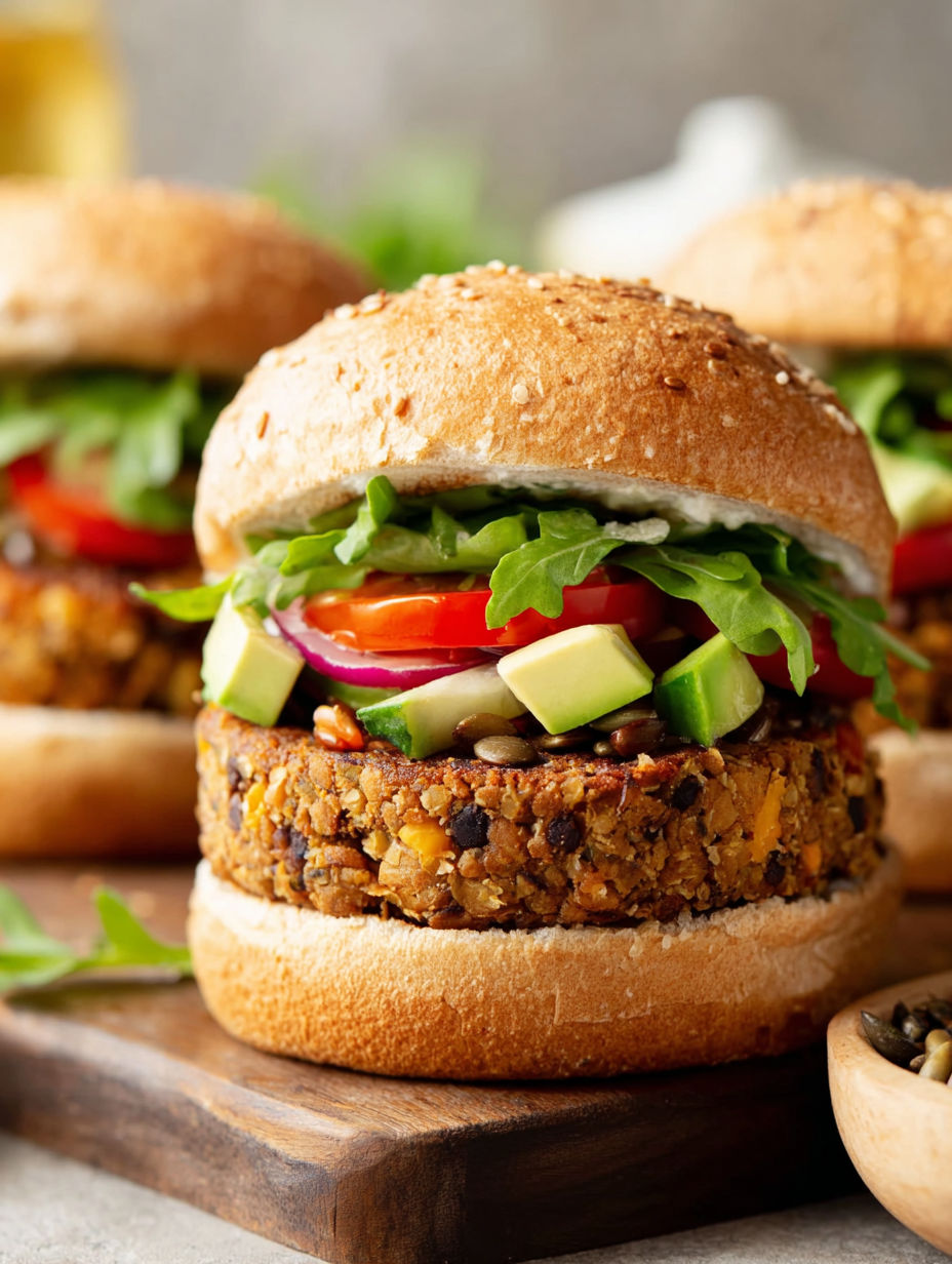 A vegan burger with lettuce, tomato, and avocado.