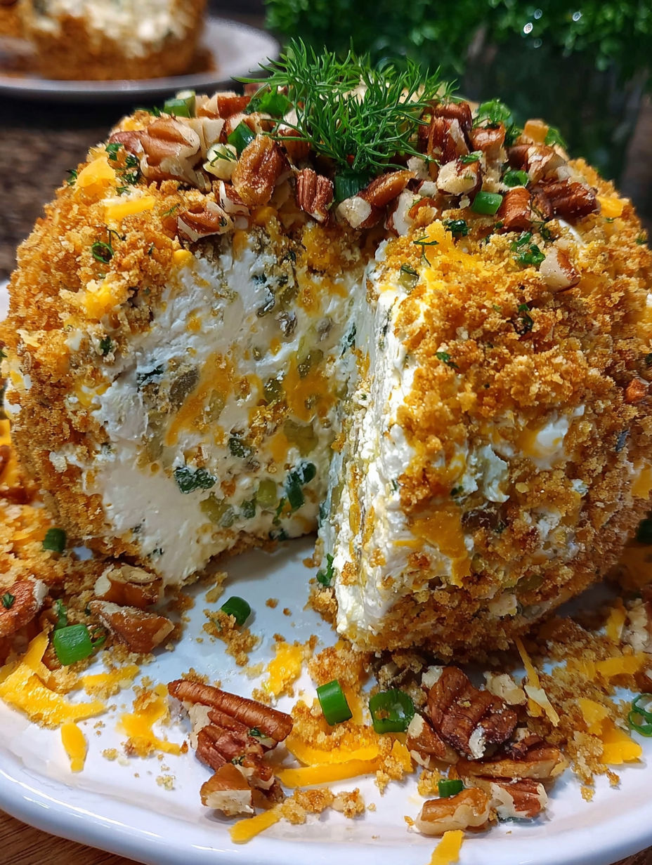 A slice of a dill pickle cheese ball delight.