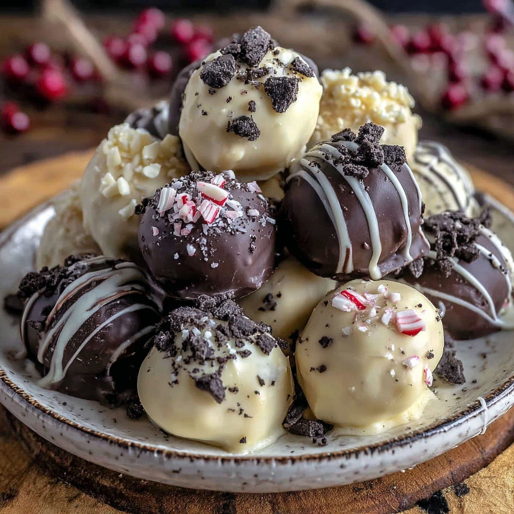 A plate of chocolate and white balls with white icing.