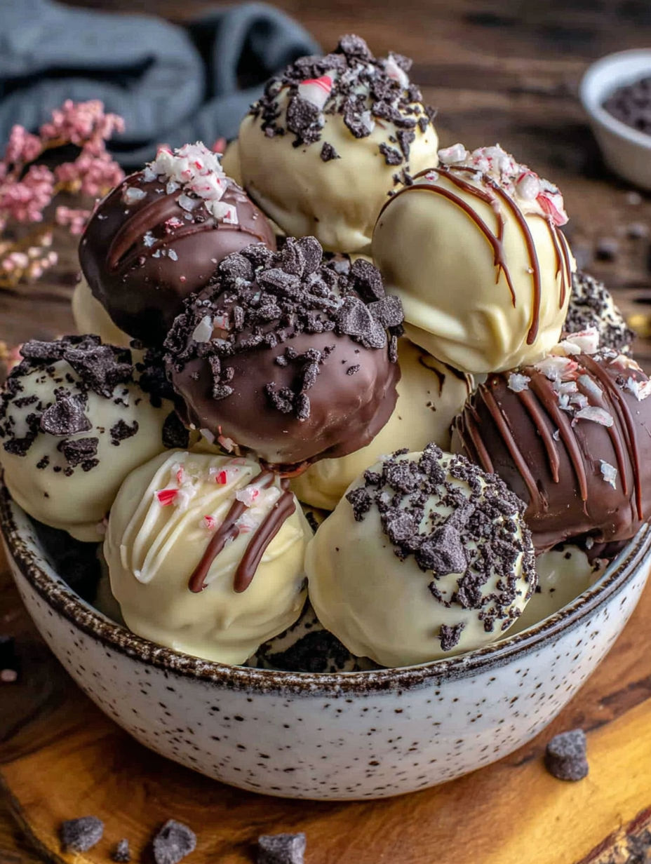 A bowl of chocolate and white balls.