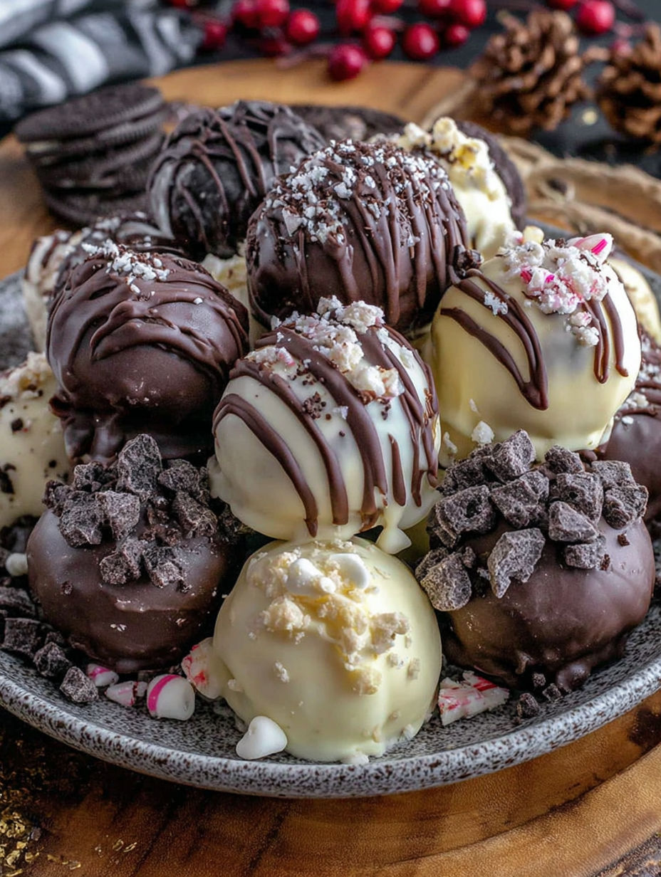 A plate of chocolate and white balls.