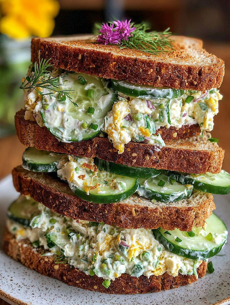 A stack of sandwiches with cucumber salad.