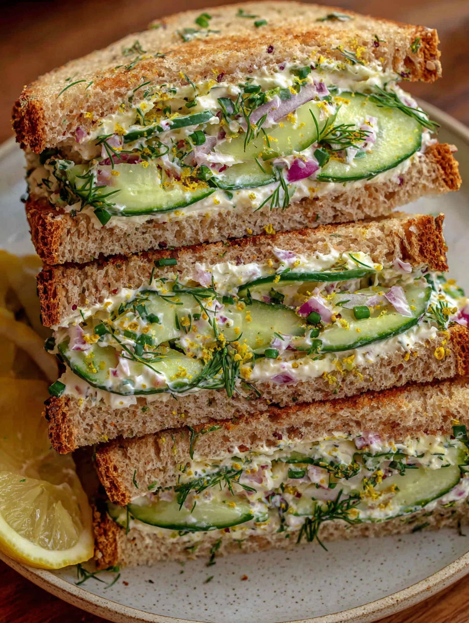 A stack of cucumber sandwiches with creamy cucumber salad.