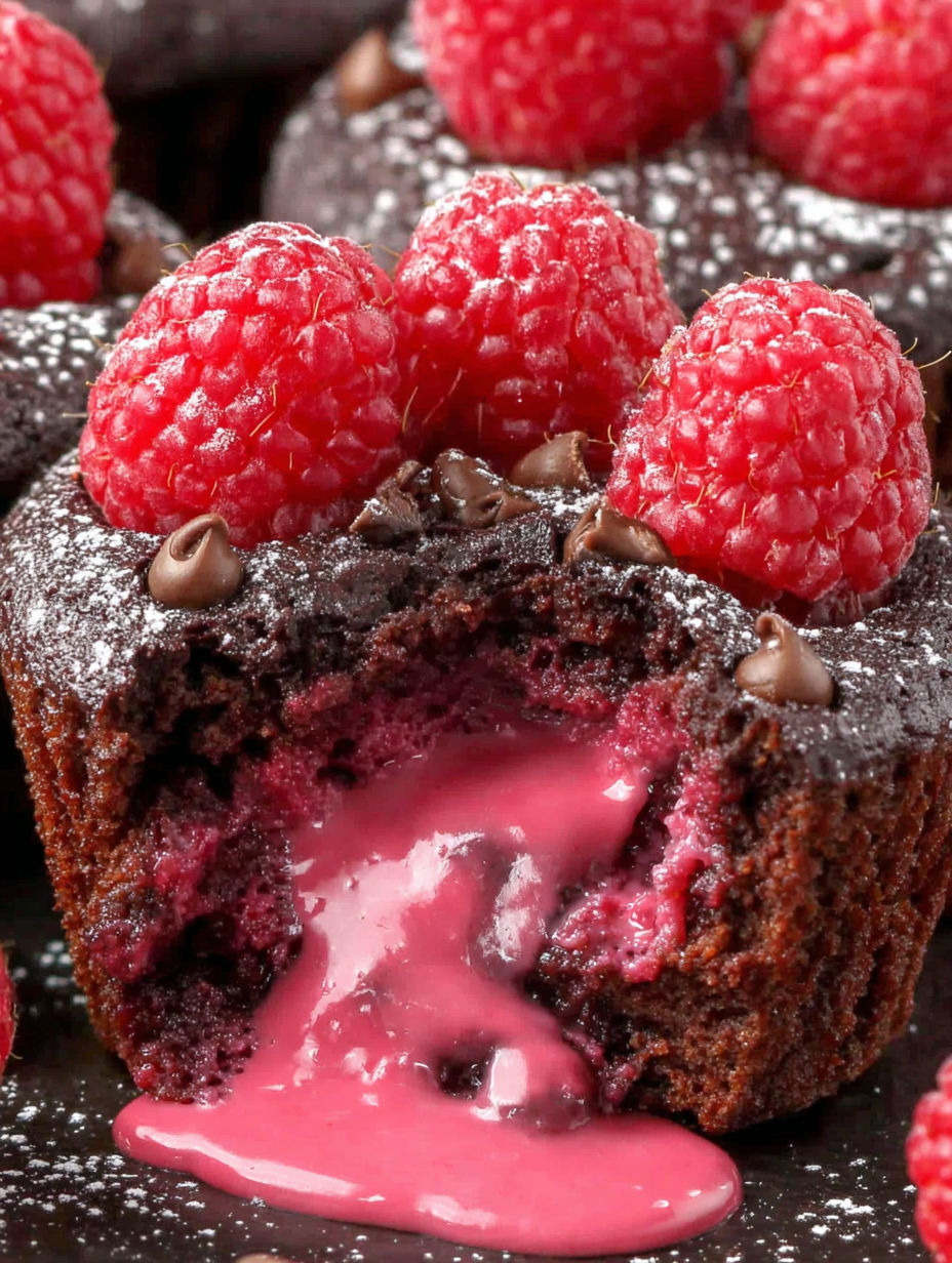 A close up of a chocolate cupcake with raspberries on top.